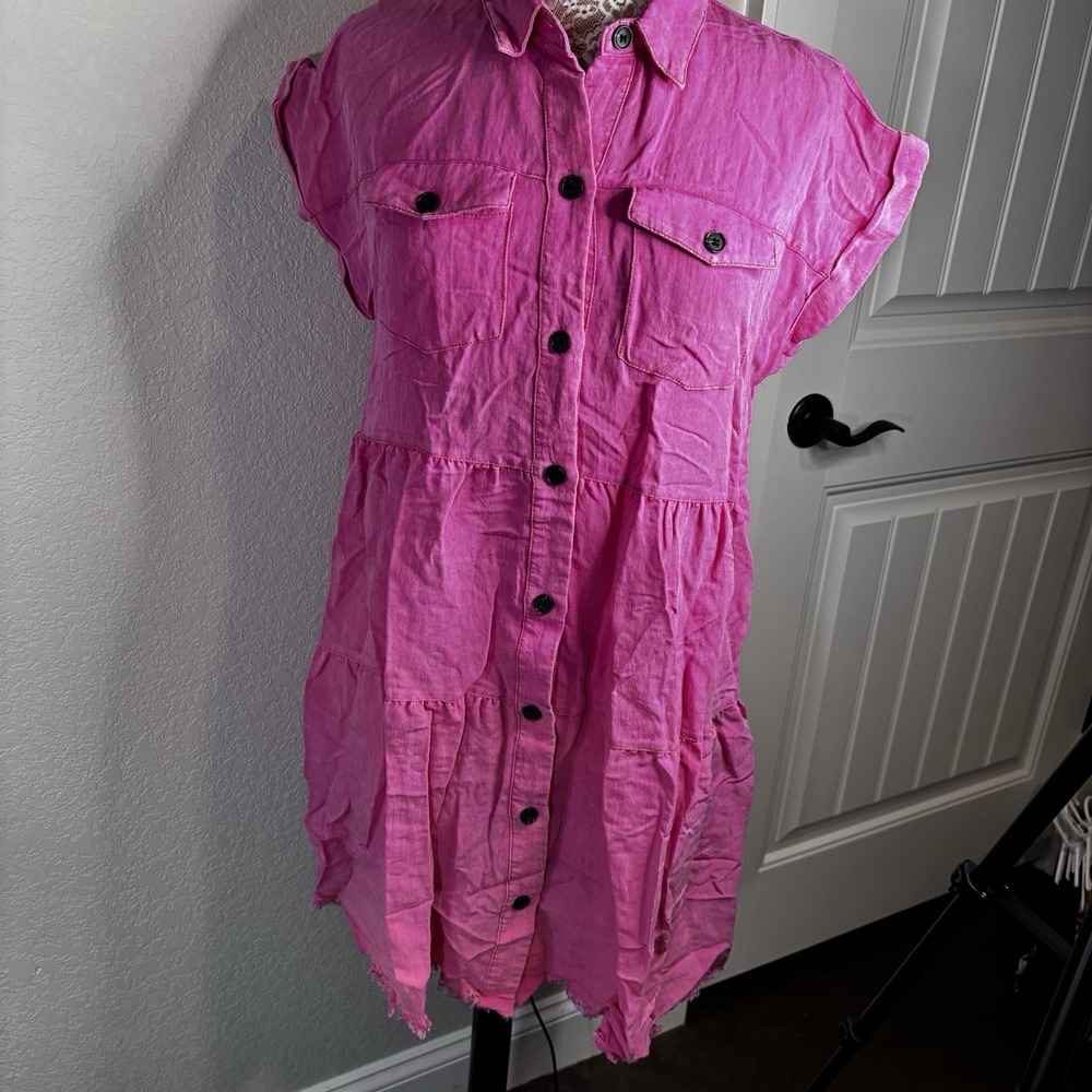 Umgee Tiered Button Up Frayed Hem Dress Cuffed Sleeve Pink Mineral Wash M NWT